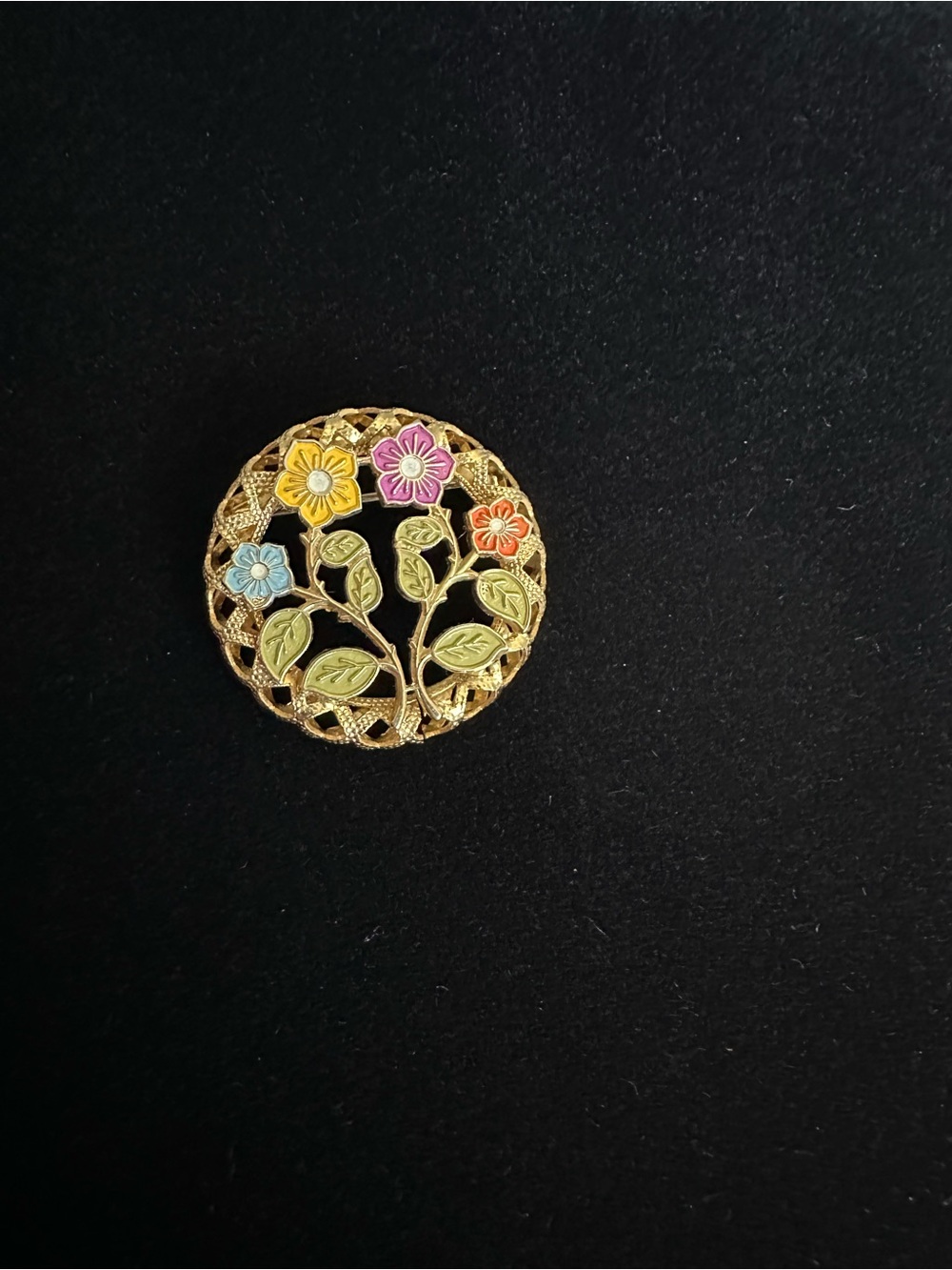 Vintage Gold Tone Floral Enamel Round Brooch - Multicolor